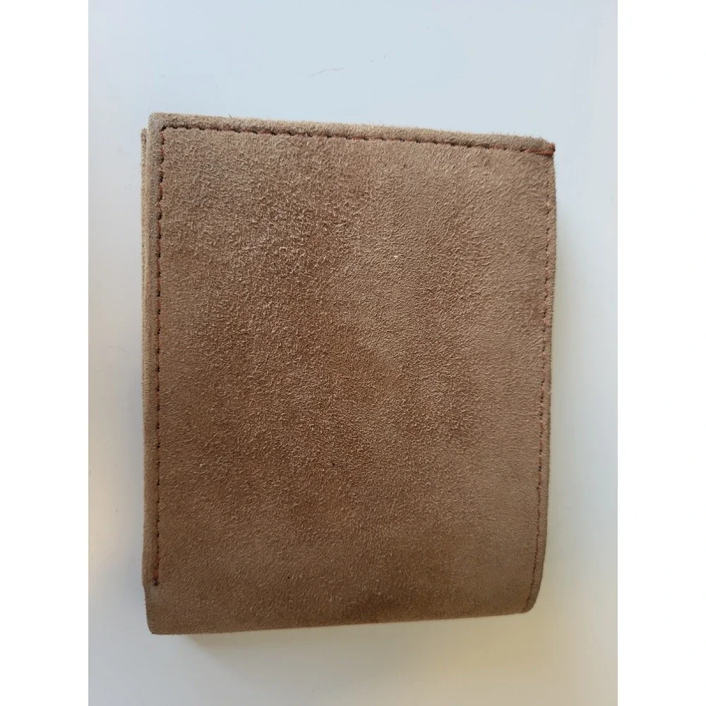 Tan Brown Suede Leather Bifold Wallet Mens Two ID Windows Slim‎ Card Holder